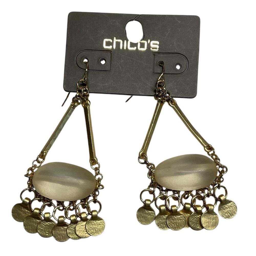 NWT Chico's Goldtone Frosted Oval Bead & Coin Charms Statement Dangle Earrings